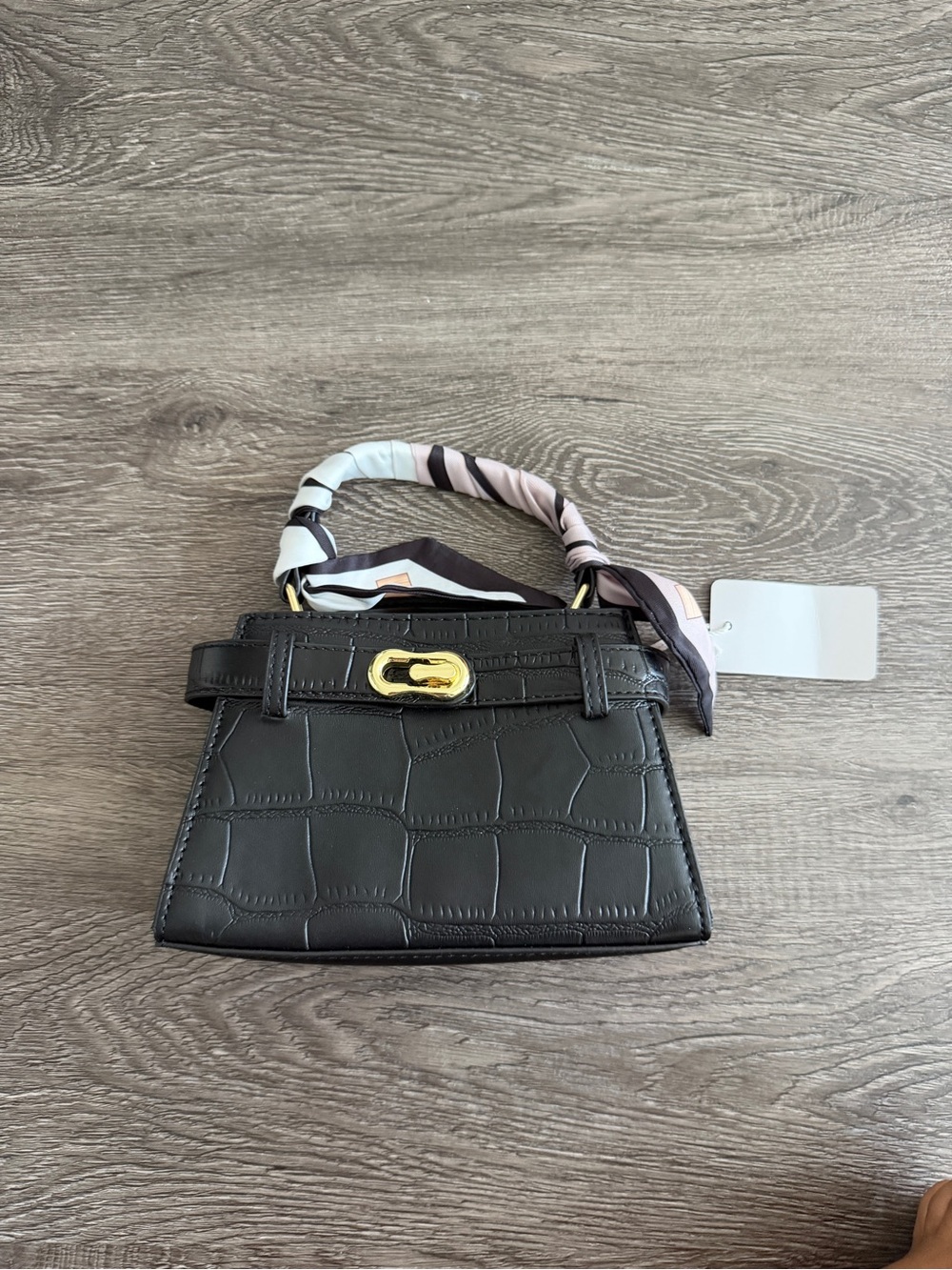 Black Croc-Embossed Mini Top-Handle Bag with Gold Turn-Lock
